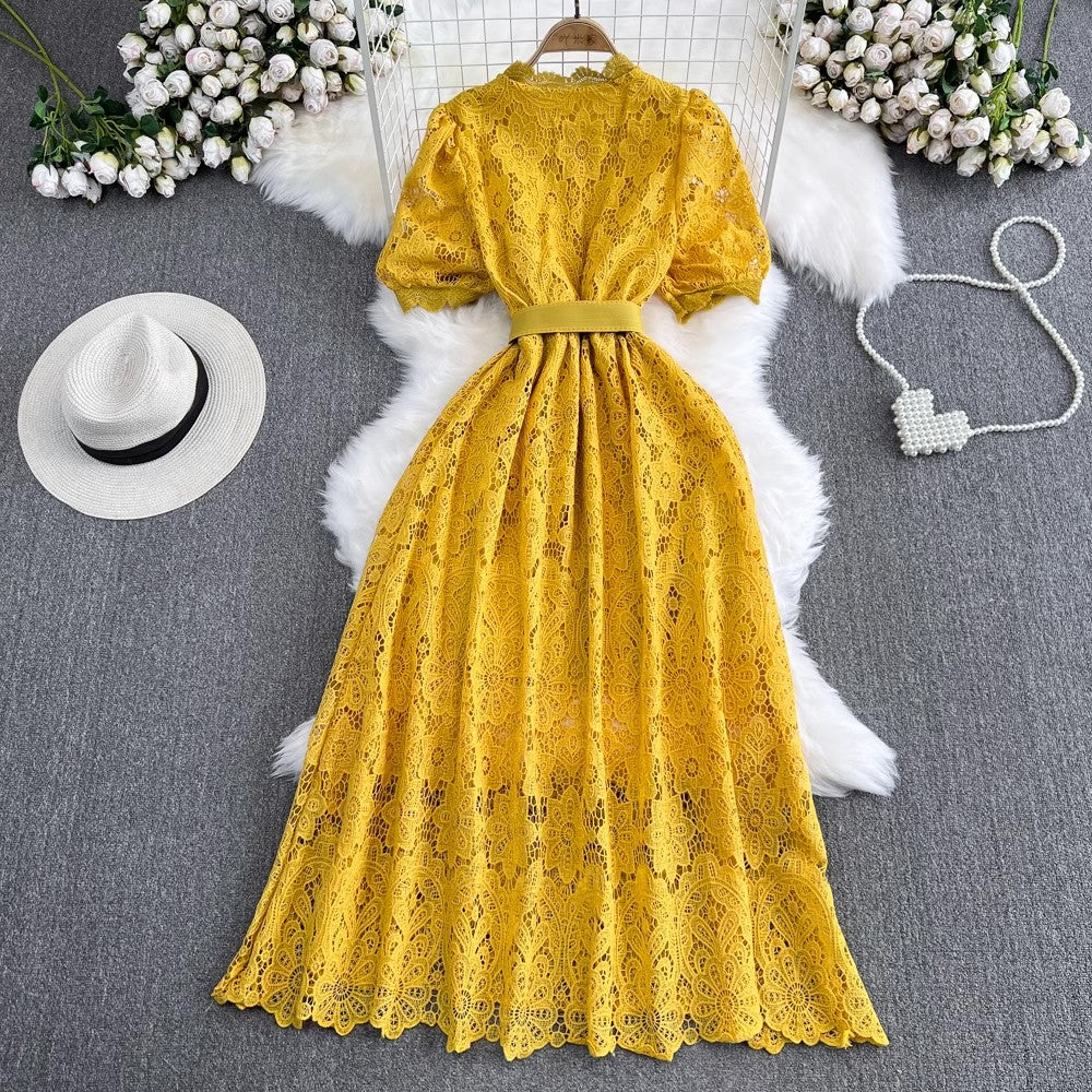 puff sleeves round neck A-line lace dress elegant long skirt      S4262