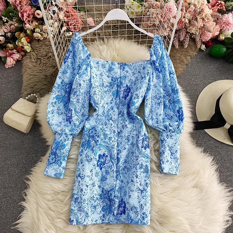 blue and white printed square sexy lantern sleeve dress      S4337