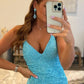 Spaghetti Straps Cyan Sequin Mermaid Prom Dress with Side Slit        S3751