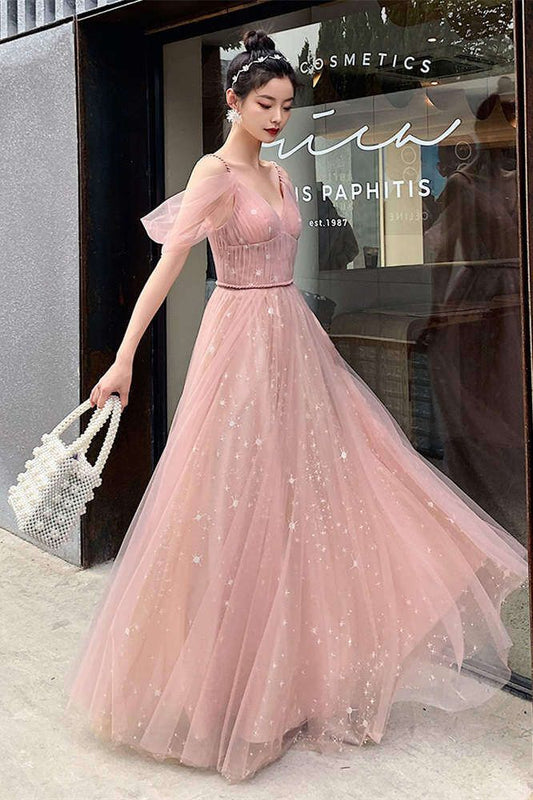 Straps A-line Blush Pink Tulle Long Party Dress        S3269