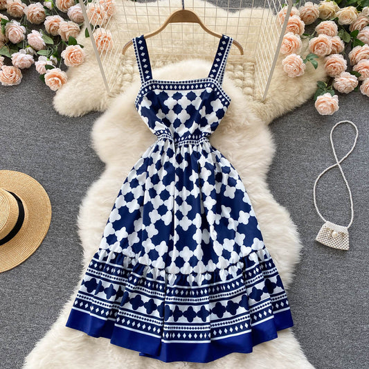 Blue Square Neck Printed Sling Dress     S4469