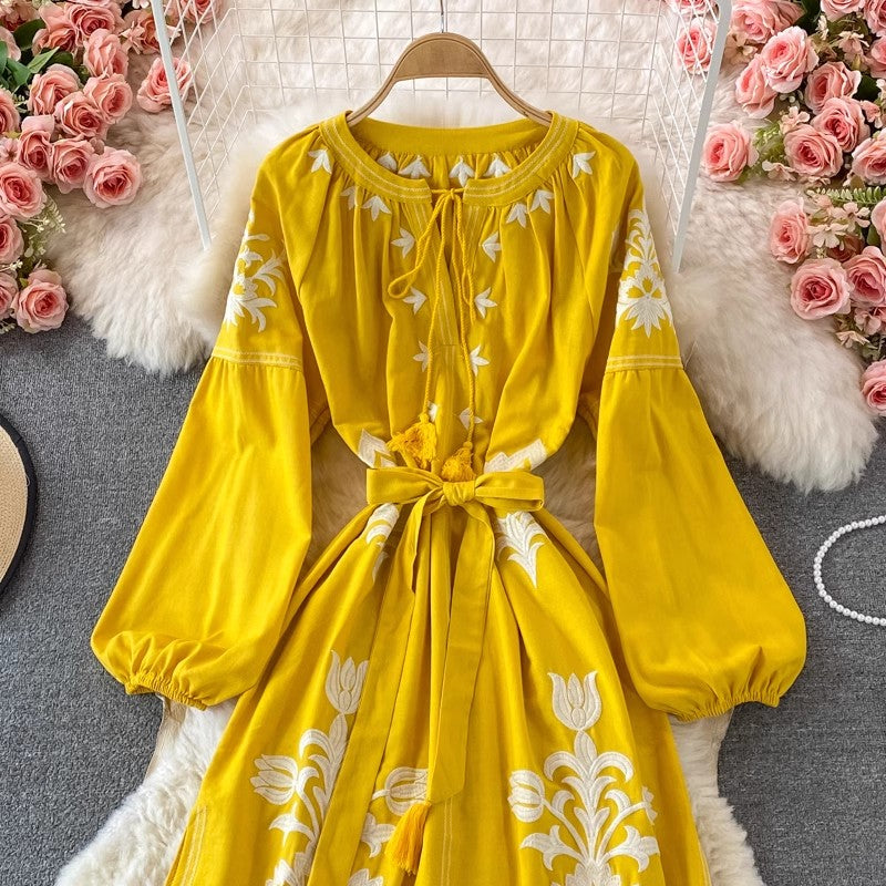 embroidered round neck lantern sleeve long dress bohemian dress for women      S4221