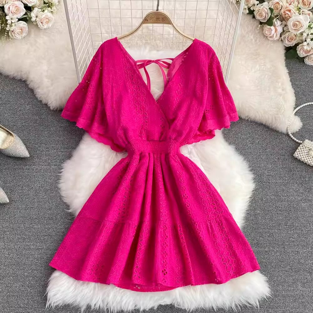 Fashion Deep V-Neck Ruffle Sleeve A-Line Dress       S4097