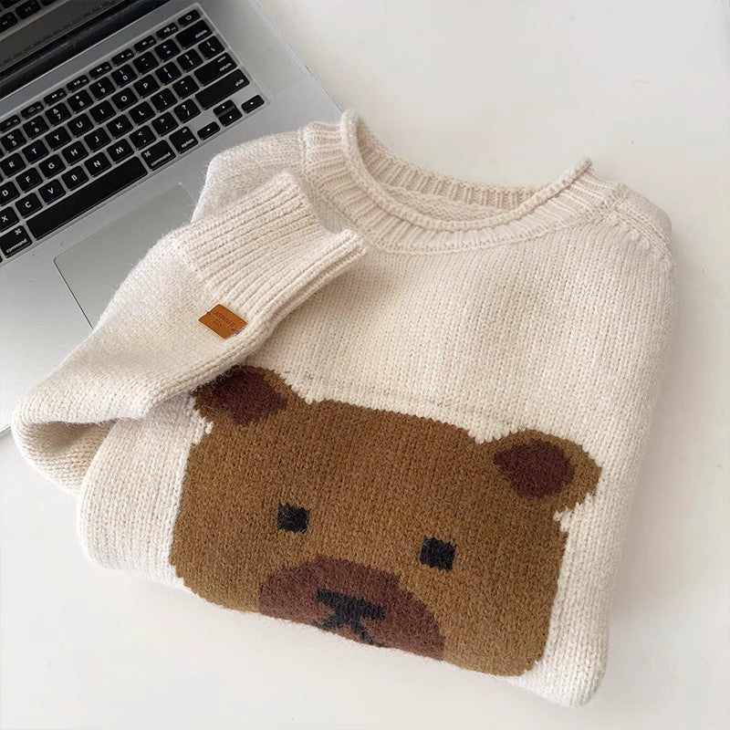 Fashionable casual cartoon bear jacquard round neck long-sleeved knitted sweater    S4743