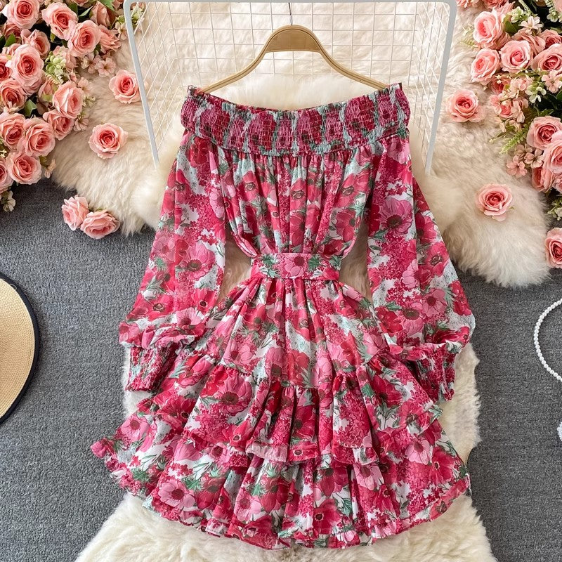 off-shoulder floral dress long-sleeved dress    S4292