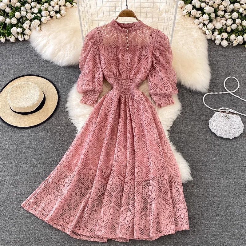 puff sleeve lace dress bohemian long skirt     S4354