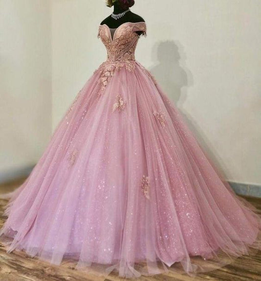 Sparkly Prom Dresses Ball Gown Vestido De Graduacion Beaded Lace Applique Beaded Elegant Pink Prom Gowns      S2682