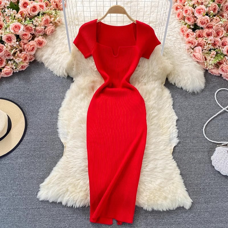 Tight square-neck knitted dress short-sleeved new style sexy long skirt       S4027