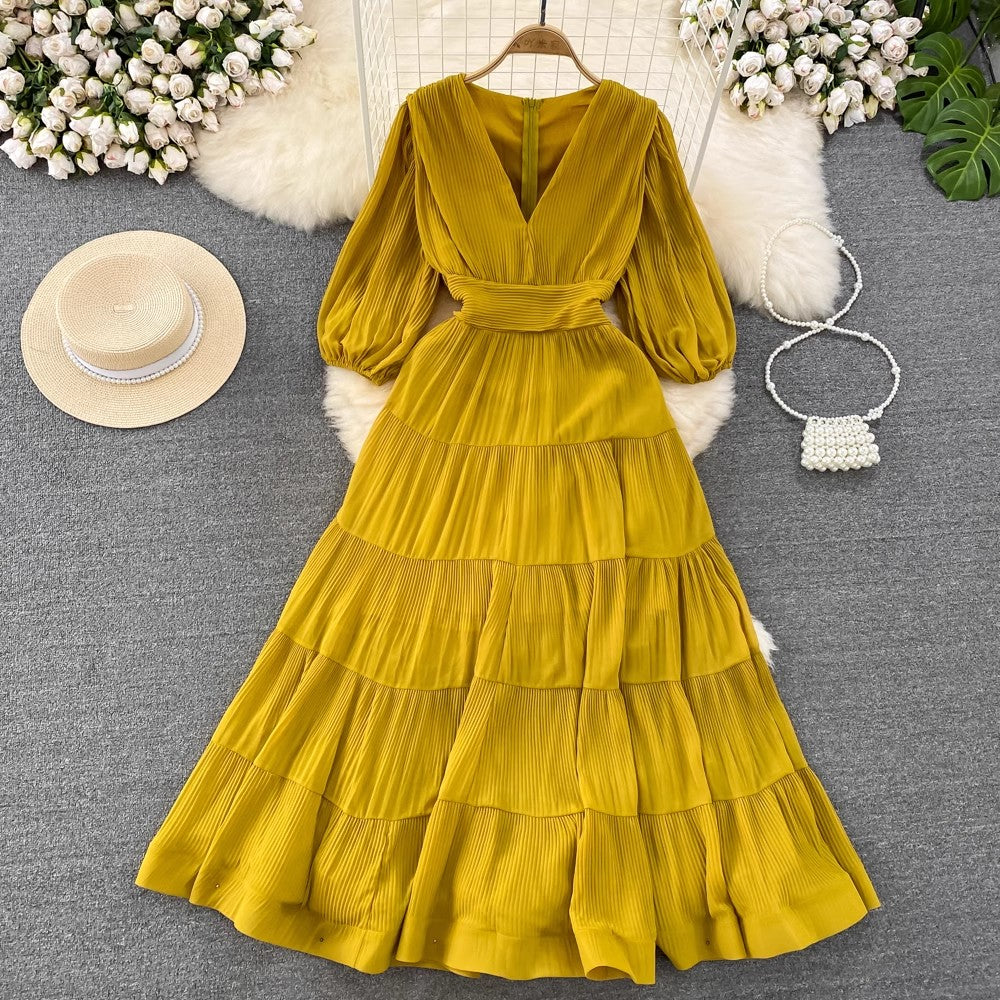 Puff short-sleeved V-neck A-line chiffon dress Elegant long skirt      S4285