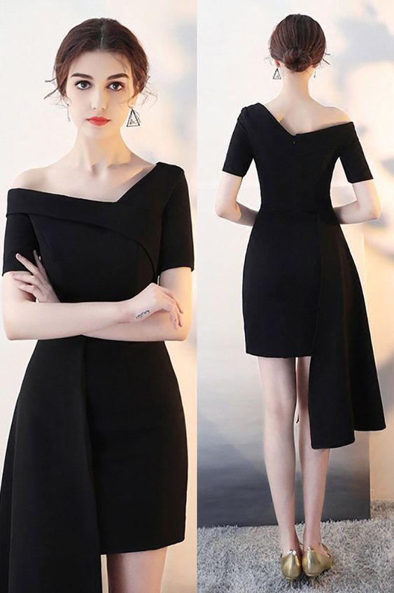 Black Asymmetrical Formal Short Party Dress with Sleeves     S2905