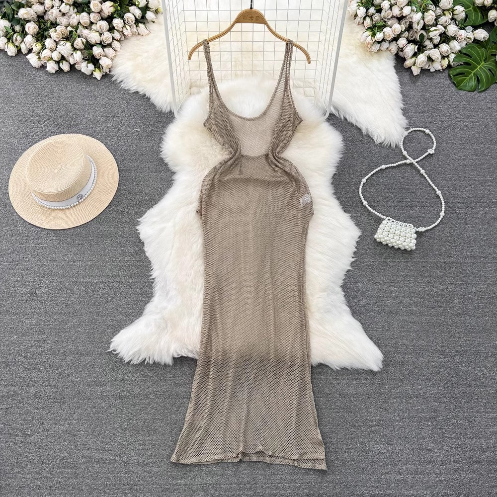 fashionable mid-length slit mesh suspender dress     S4213