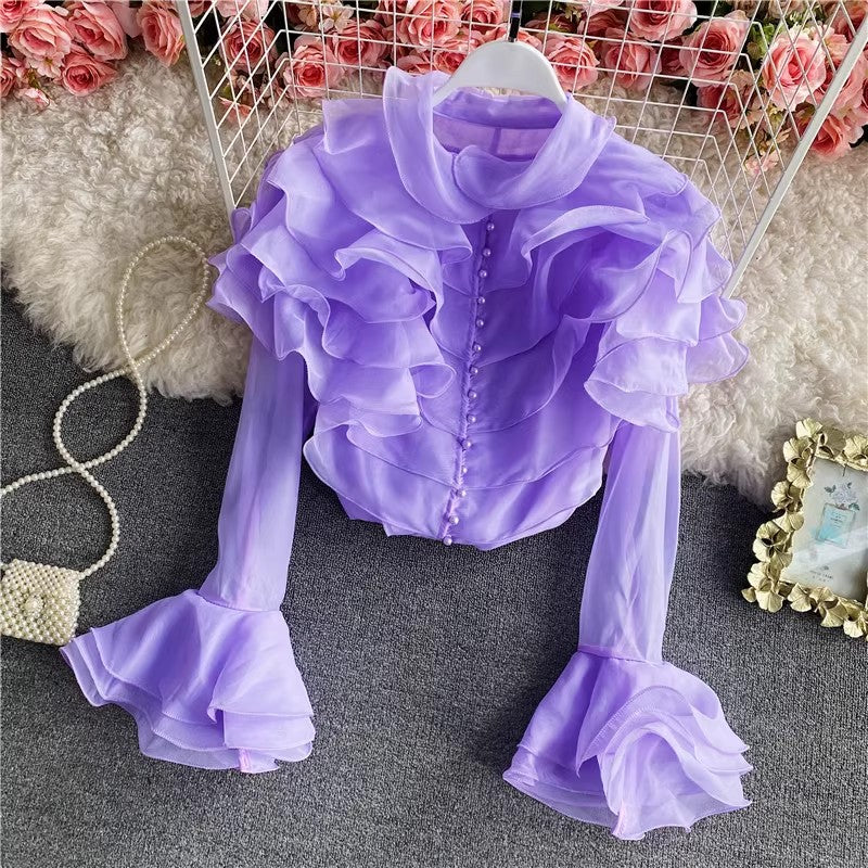 new style layered ruffled organza shirt for women see-through top with bell sleeves      S4234