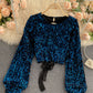 Shiny Long Sleeve Sequins Tops Open Back Tops      S4392