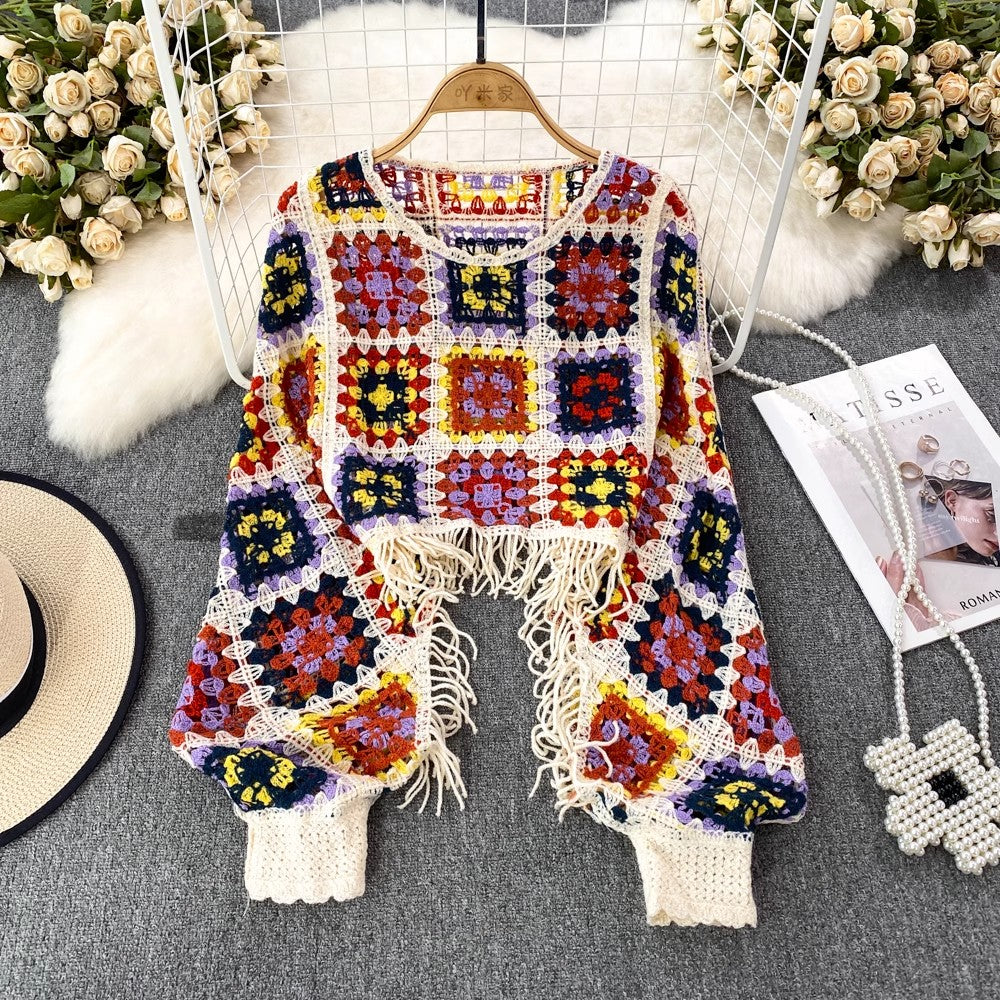 Fashionable lantern long-sleeved round neck tassel short sweater blouse for women casual top     S4141