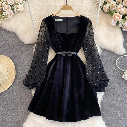 square neck mesh sleeves A-line velvet dress     S4359