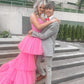 High Low Hot Pink Tiered Prom Dress with Spaghetti Straps,Elegant Graduation Dresses     S3358