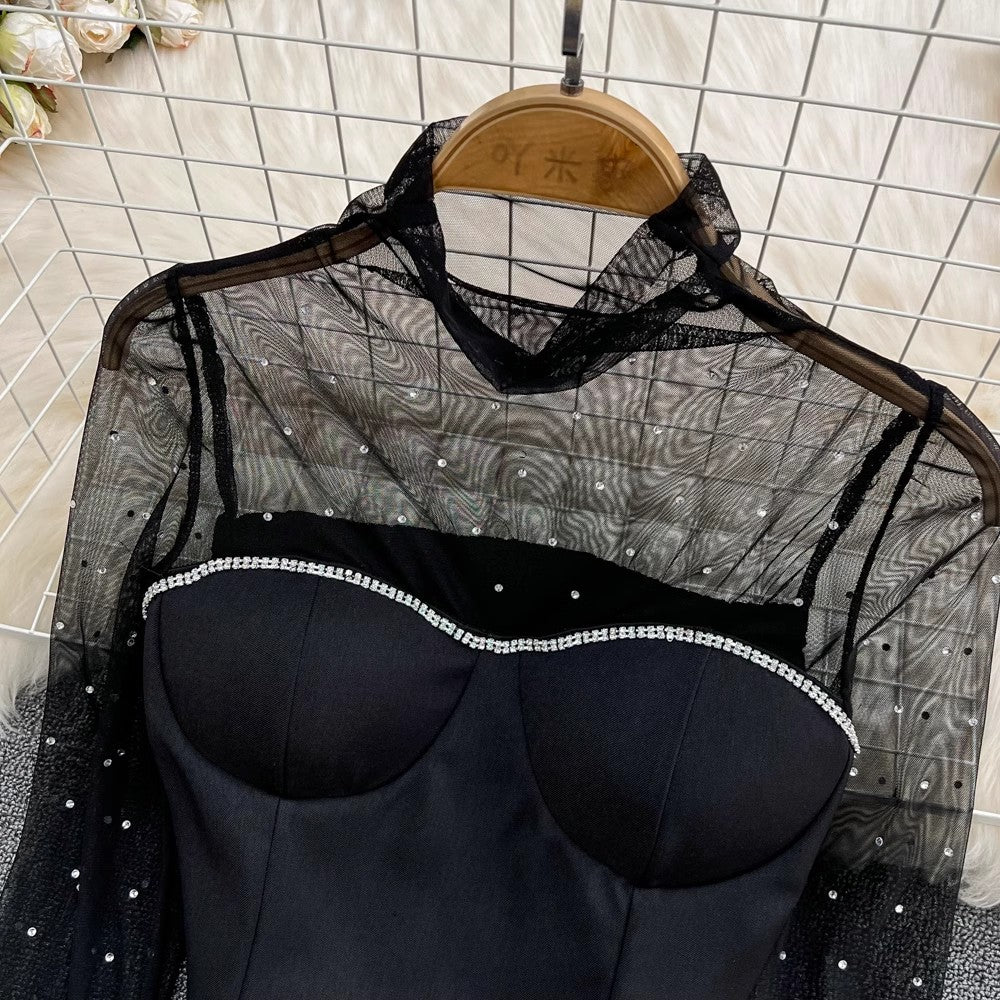 mesh beaded shirt for women fashionable and chic short top        S4249