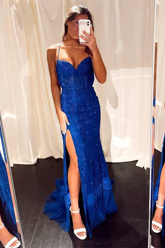 Royal Blue Lace Mermaid Long Formal Dress with Slit     S4395