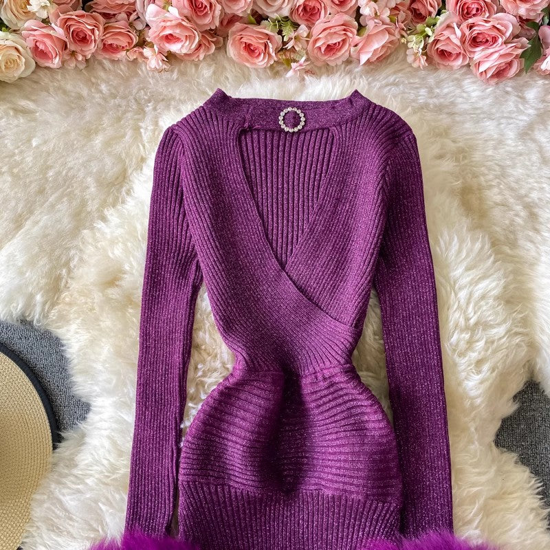 sexy V-neck halterneck mid-length knitted dress      S4245