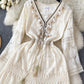High-grade Party Dress, Hook Flower V-neck Dress ，fringe Fairy Dress, Long-sleeved Dress, Lace Dress      S4476