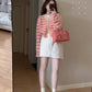 V-neck pink striped knitted cardigan jacket women's spring and autumn new sweater    S3385