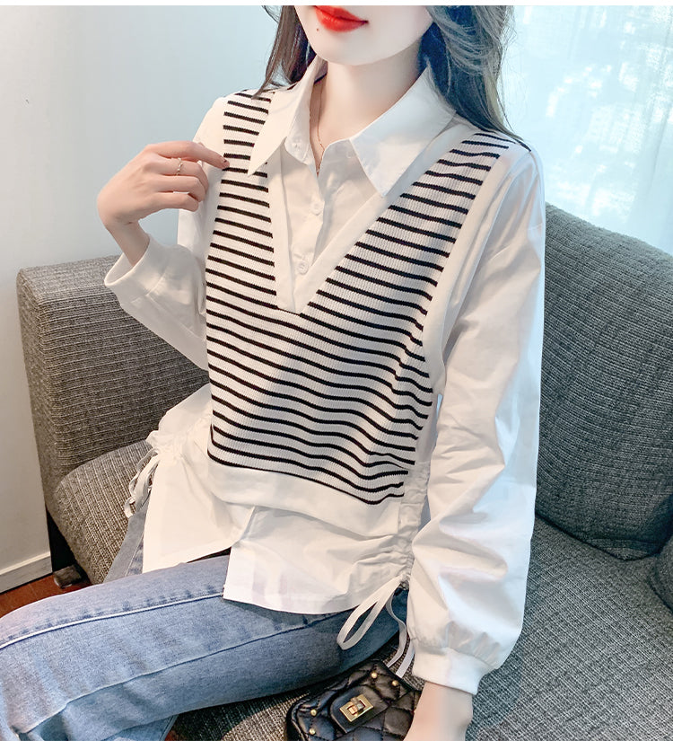 Striped stitching women's long-sleeved shirt women's two-piece top     S3422