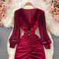 Sexy V-neck Pleated Mesh Velvet Slit Dress     S4255