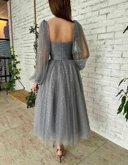 Grey Star Tulle Gown, Newest Prom Dresses, Party Dresses, Affordable Prom Dresses,       S2982