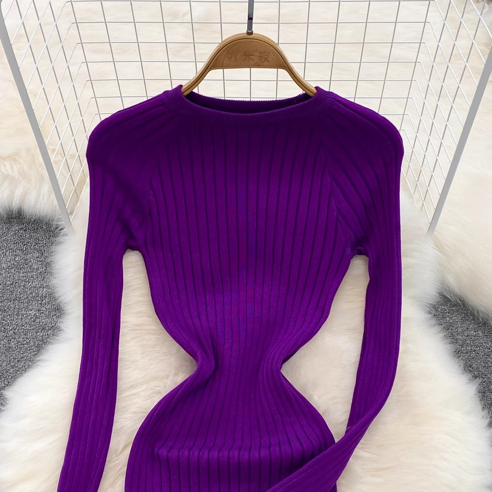 long-sleeved round neck  knitted dress sweater skirt     S4197