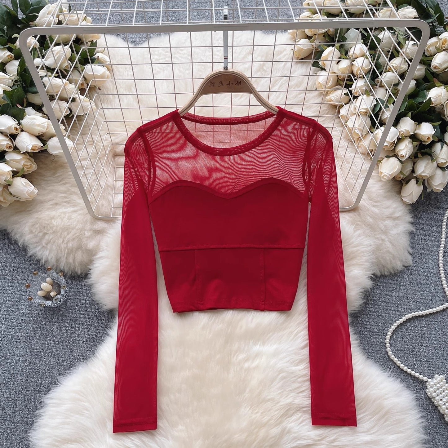 long-sleeved T-shirt for women mesh short design top trendy    S4535