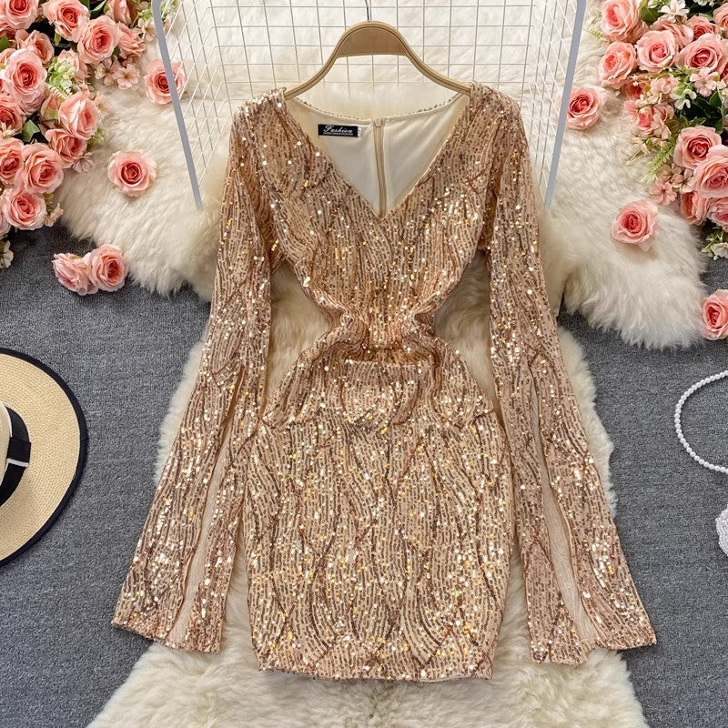 sexy sequined V-neck long-sleeved short dress    S4008