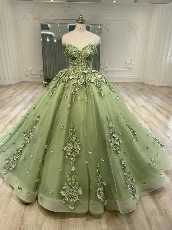 Green sweetheart neck tulle lace prom dress, ball gown dress        S3021