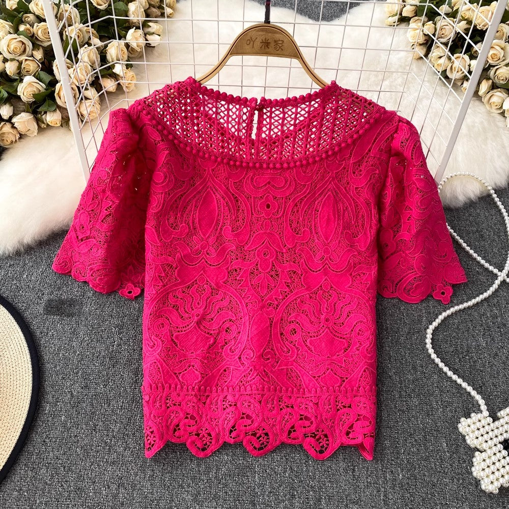 short-sleeved round neck lace shirt for women      S4043