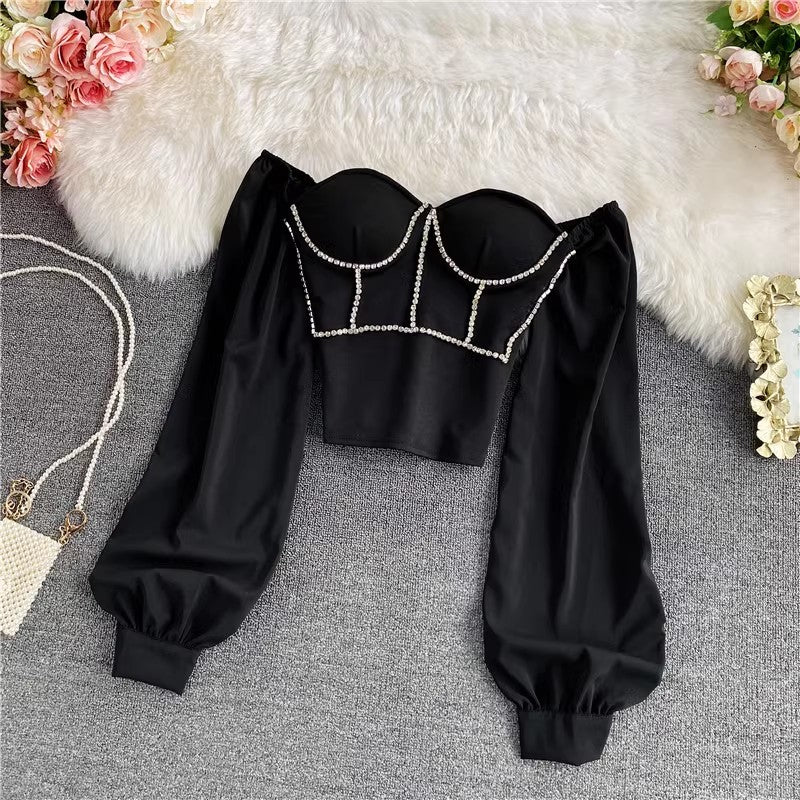 sexy rhinestone tube top shirt fashionable square neck top long sleeves       S4170