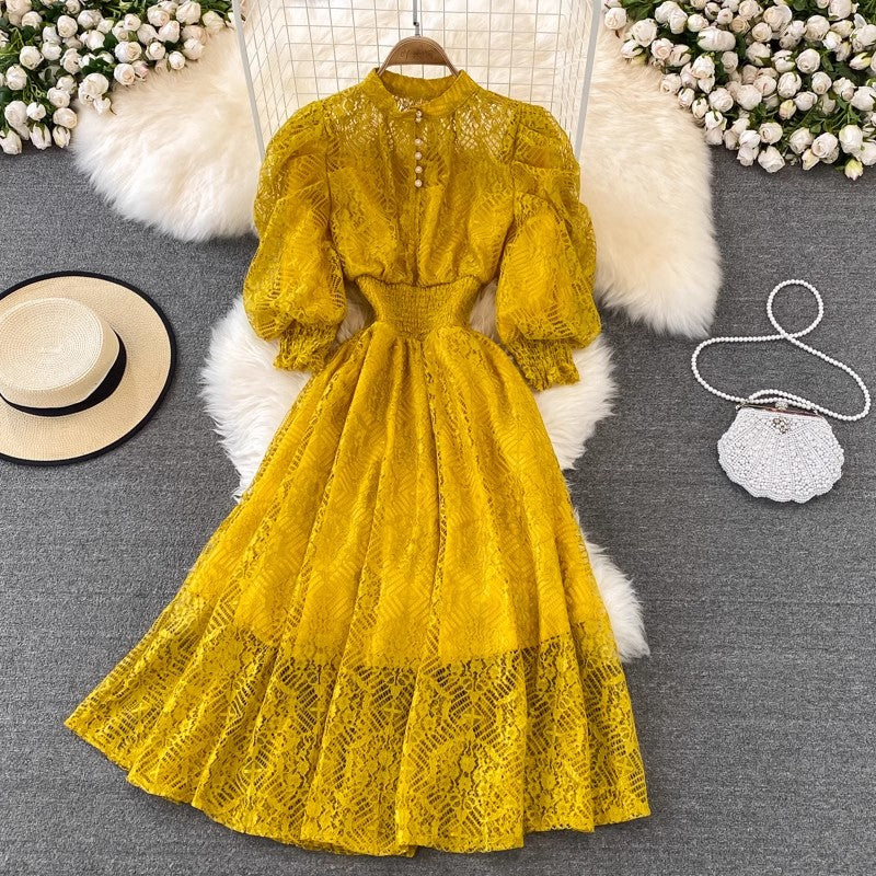 puff sleeve lace dress bohemian long skirt     S4354