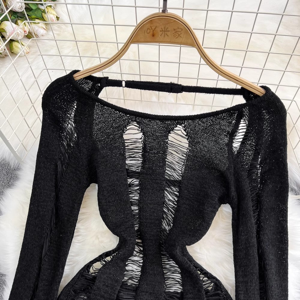 Sexy Round Neck Backless Long Sleeve Knitted Sweater Tops for Women      S4330