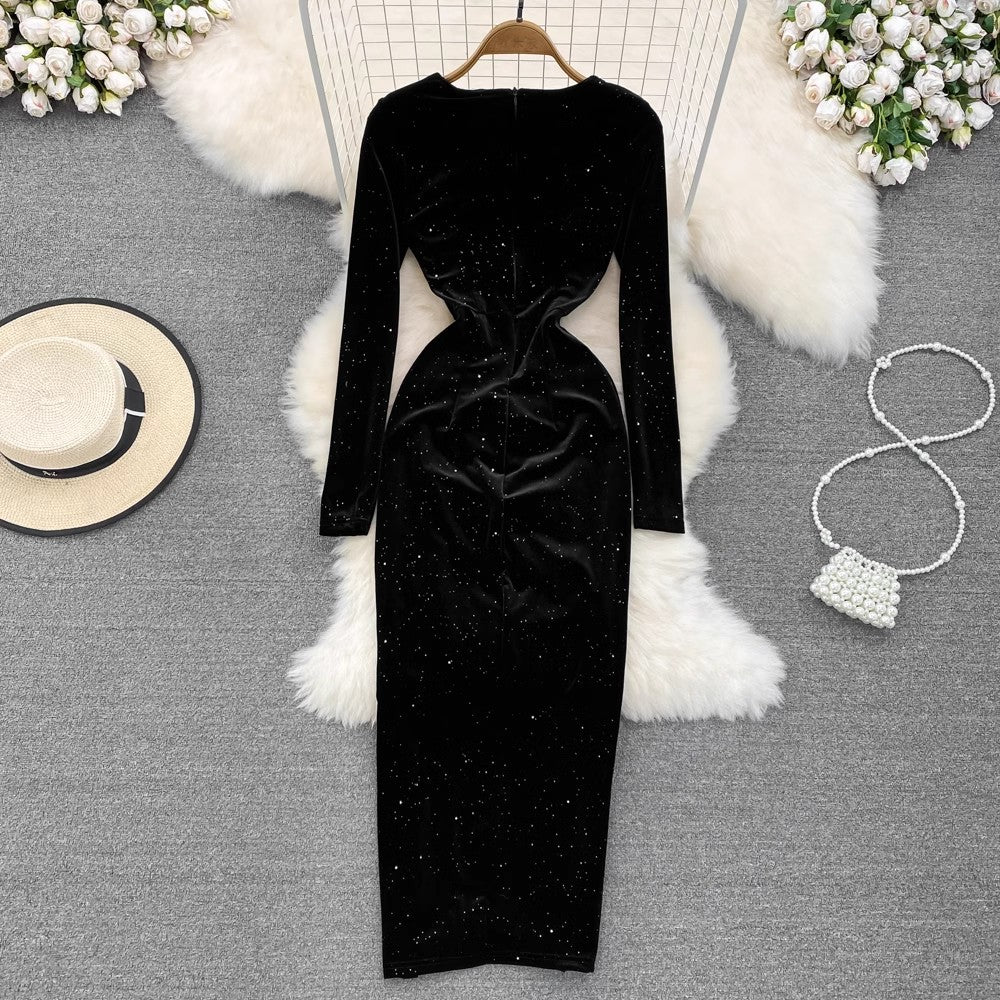 square neck velvet dress sexy high slit sparkling dress long skirt      S4139