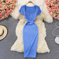 Tight square-neck knitted dress short-sleeved new style sexy long skirt       S4027