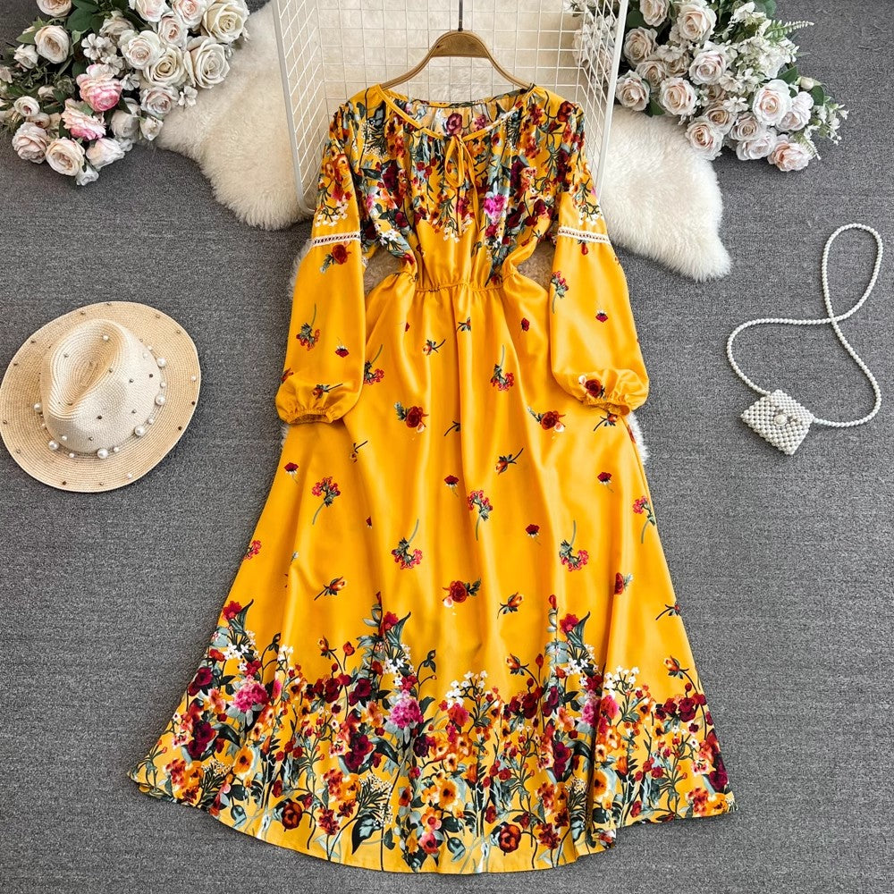 Fashionabal long-sleeved round neck A-line printed dress elegant long skirt     S4252