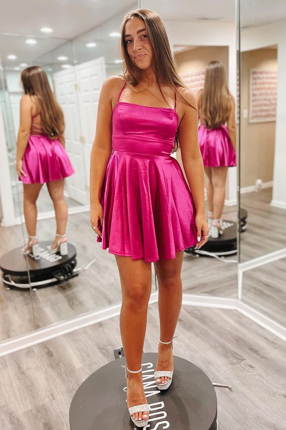 Fuchsia Lace-Up Satin A-line Homecoming Dress          S3159