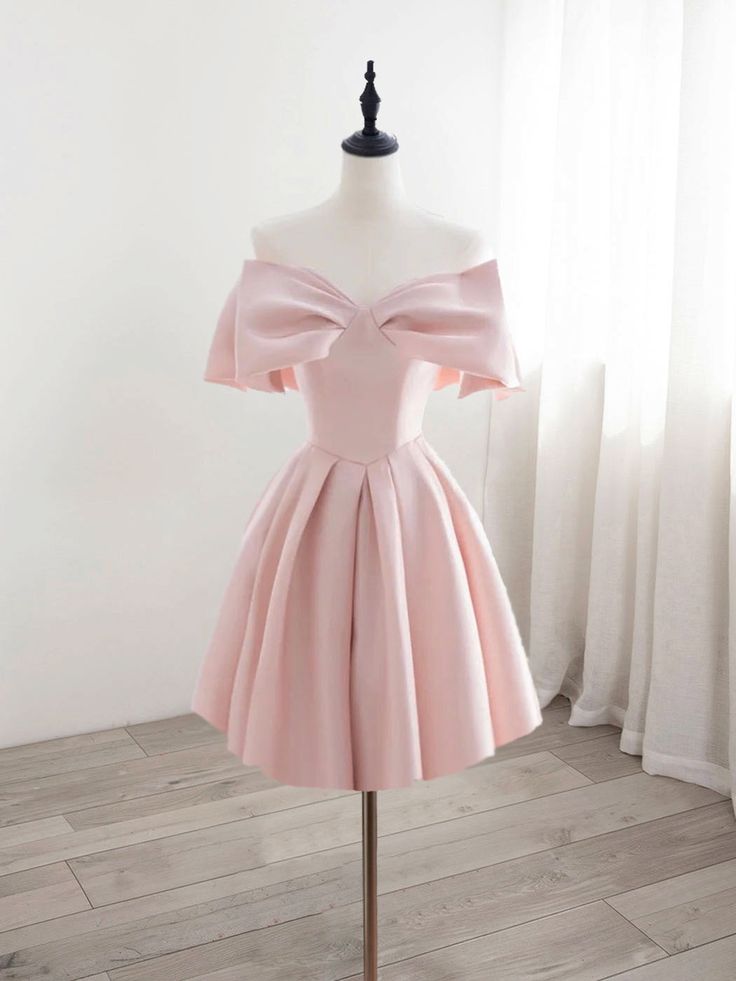 A-Line Off Shoulder Satin Pink Short Prom Dress, Pink Homecoming Dress      S3553