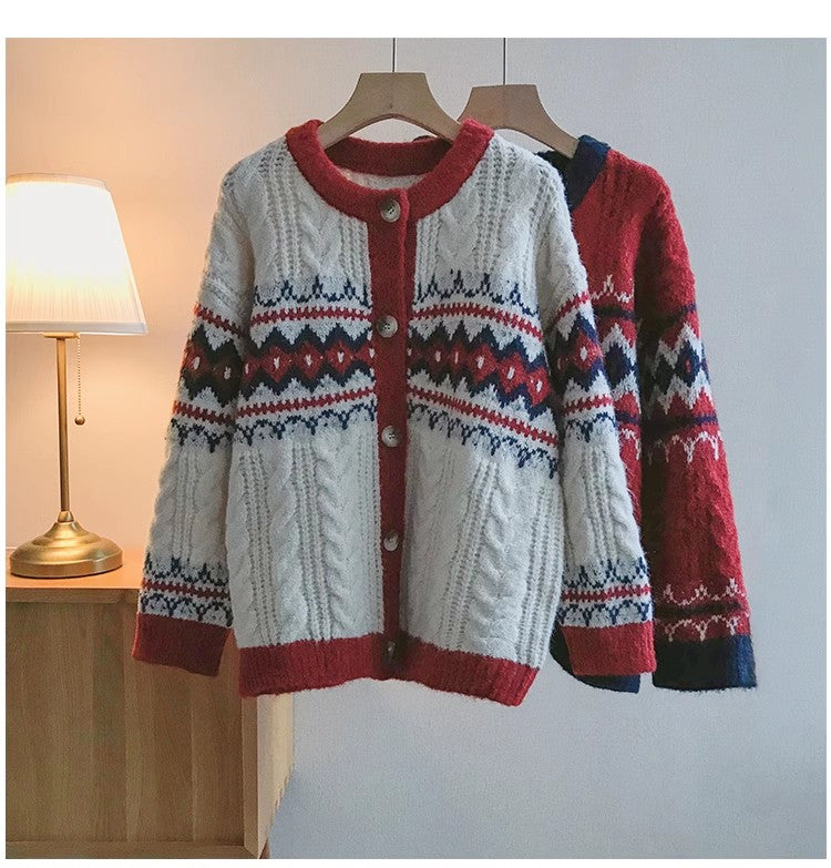 jacquard round neck knitted cardigan for women Christmas red sweater jacket      S4808