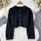 Chic, Retro, Gentle, Round Neck Double Pocket Sweater, Single Breasted Short Knit Cardigan    S4361