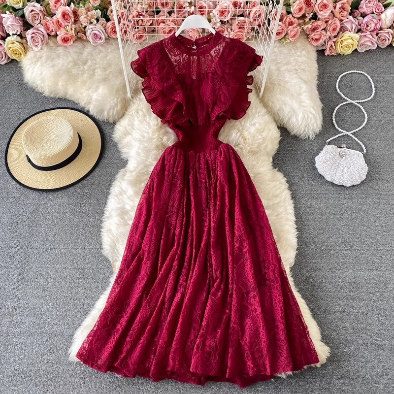 Lace Round Neck Dress, Long Sleeve Fashionable Elegant Ruffled Long Skirt      S3984