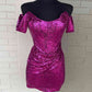 Fitted Off the Shoulder Fuchsia Sequined Mini Homecoming Dress       S2895