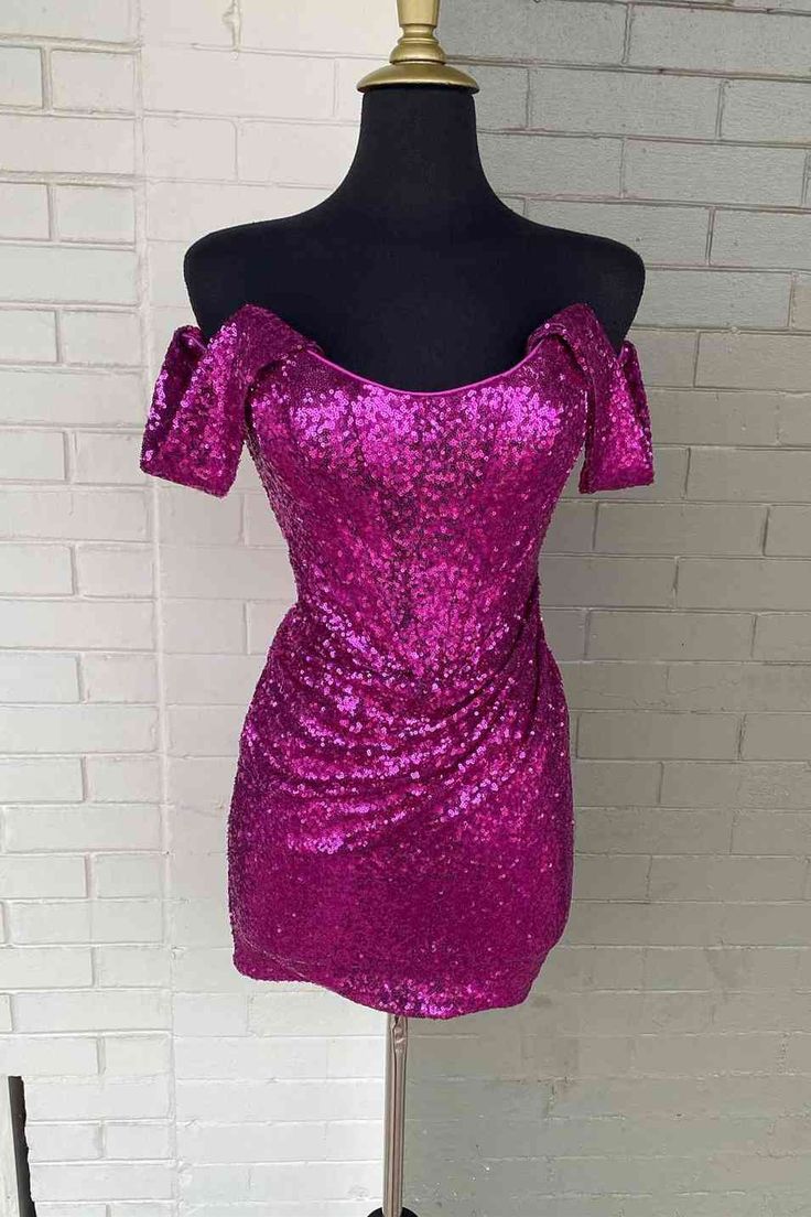 Fitted Off the Shoulder Fuchsia Sequined Mini Homecoming Dress       S2895