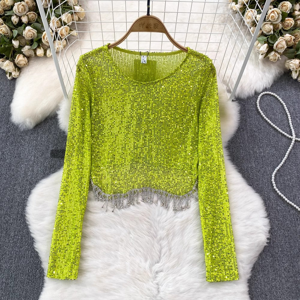 Fashionable sexy long-sleeved round neck sequins tassel T-shirt women's fashionable short top        S4217