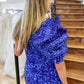 Royal Blue One Shoulder Puff Sleeve Sequins Sheath Homecoming Dress      S3514