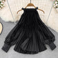 Round Neck Halter Neck Off-Shoulder Lantern Sleeve Pleated Shirt Women's Casual Top    S4125