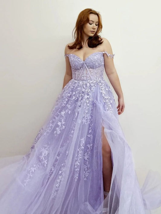 Off Shoulder Purple Lace Long Prom Dresses With High Slit, Purple Lace Formal Dresses, Purple Evening Dresses      S3329